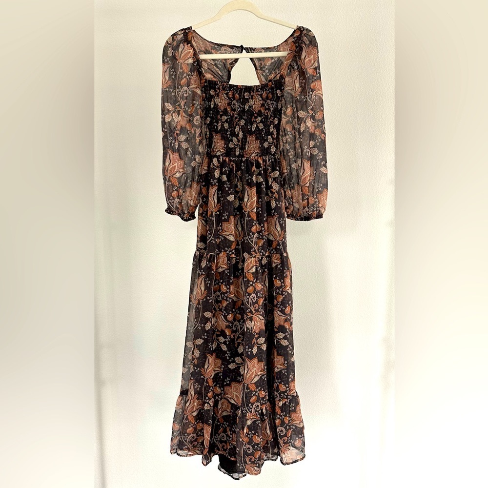 Anthropologie Letiuebe Brown Orange Floral bow tie Maxi Dress XXS